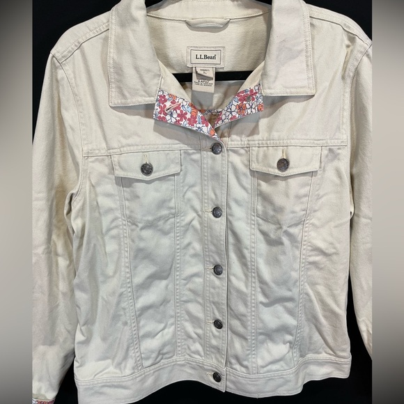 L.L. Bean Denim Jacket Cream Ecru Ditsy Floral Accent Size Large - Picture 4 of 8